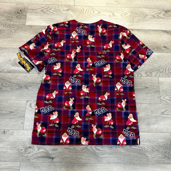 Disney Grumpy Seven Dwarfs Scrub Top Size M Red Plaid Print Health Care Unisex - Picture 15 of 16